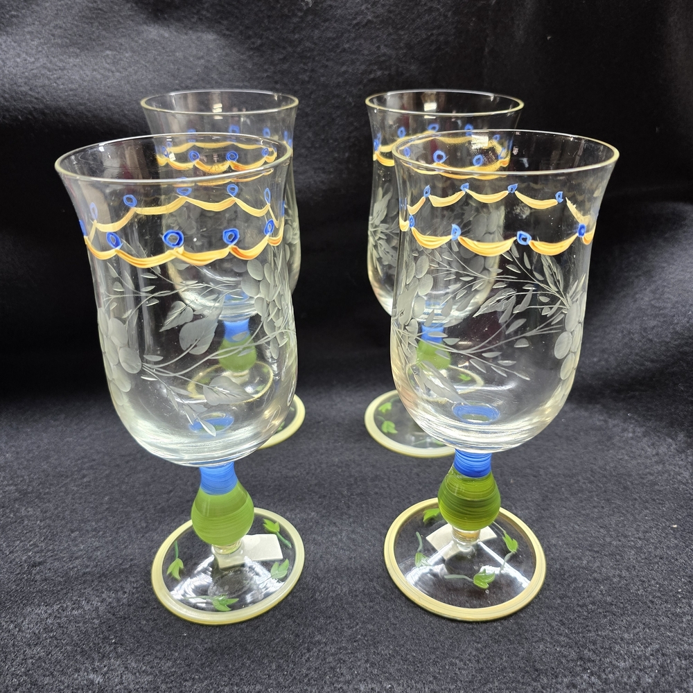 Artisan Glass Goblets with Yellow and Blue Details